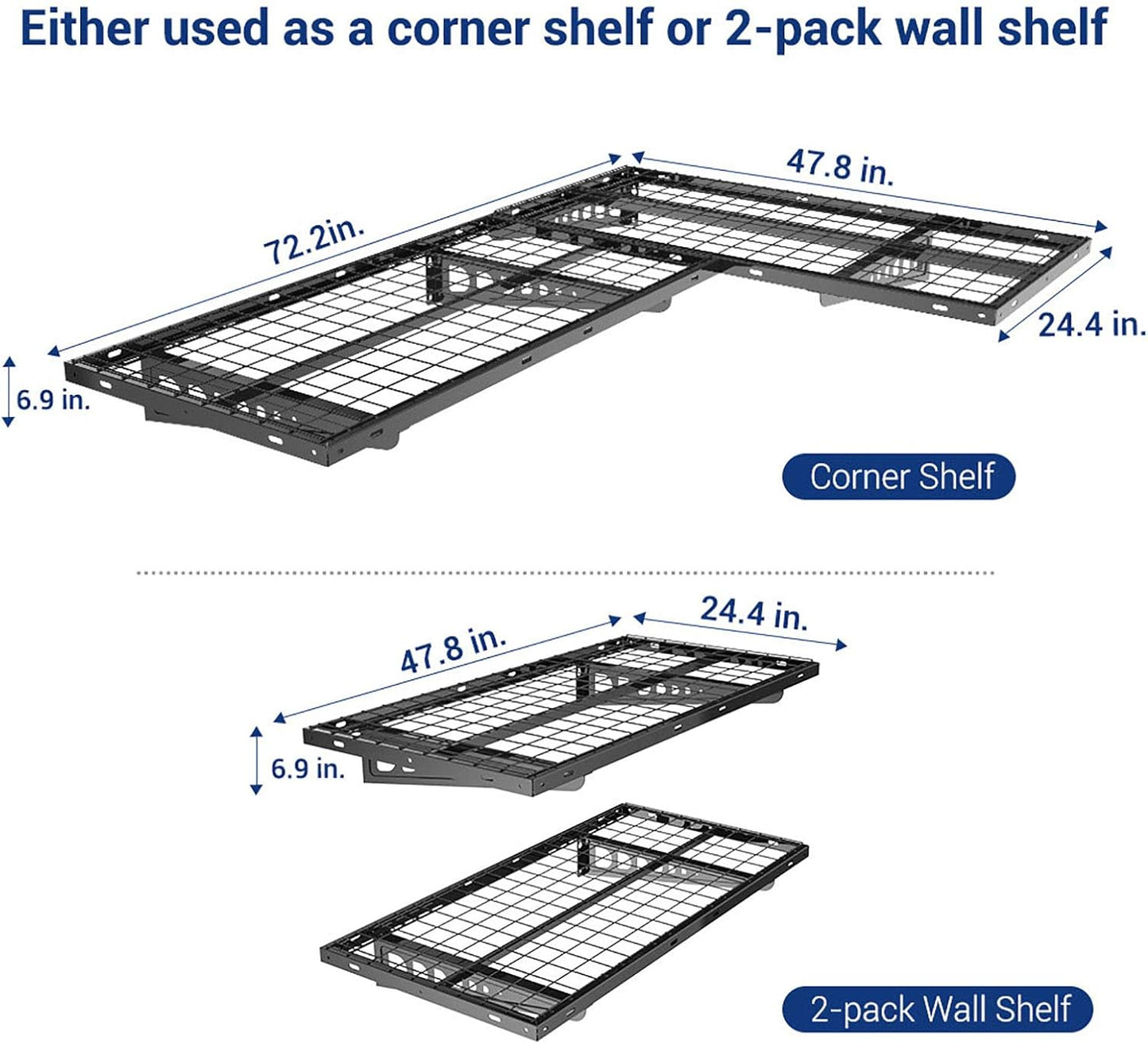 FLEXIMOUNTS 2 Pack 2x4ft Corner Wall Shelving Garage Storage Rack, 24x48 inch Floating Shelves, 440lbs Total Weight Capacity, Black
