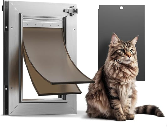 Cat Door, All Aluminum Small Dog Doggy Doggie Door for Install in Interior Exterior Doors or Wall, Heavy Duty Pet Door, 2 Magnetic Flaps, Energy Efficient, Closing Panel for Pets Up to 22Lb