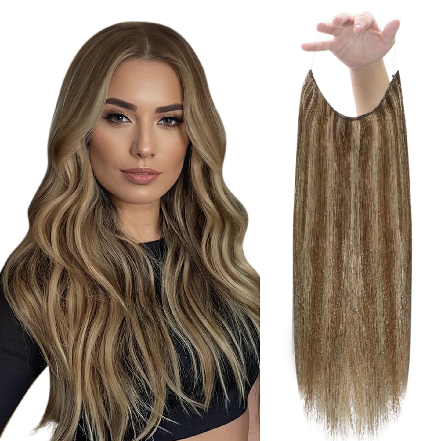 Fshine Invisible Wire Hair Extensions Real Human Hair Medium Brown Highlight Honey Blonde Fish Line Hair Extensions Clip Ins Hum