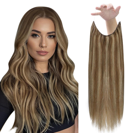 Fshine Invisible Wire Hair Extensions Real Human Hair Medium Brown Highlight Honey Blonde Fish Line Hair Extensions Clip Ins Hum
