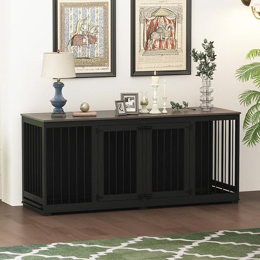 Large Funiture Style Dog Crate for 2 Dogs, 70" Wooden Dog Kennel Furniture with Removable Divider & 2 Trays, Indoor Heavy Duty Dog House w/Double Rooms for Large Medium Dogs, Black