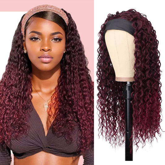 G&T Wig Red Headband Wigs For Black Women Wet And Wavy Headband Wig Ombre Red Curly Synthetic Wigs Dark Roots Glueless Heat Resi