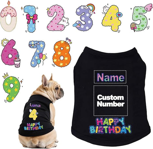 Custom Dog Birthday Shirt,Personalized Pet Apparel Print with Name Age Number,Pet Birthday Outfit,Lightweight Breathable Cotton Vest for Small Medium Large Dogs Cat (Black, X-Small)