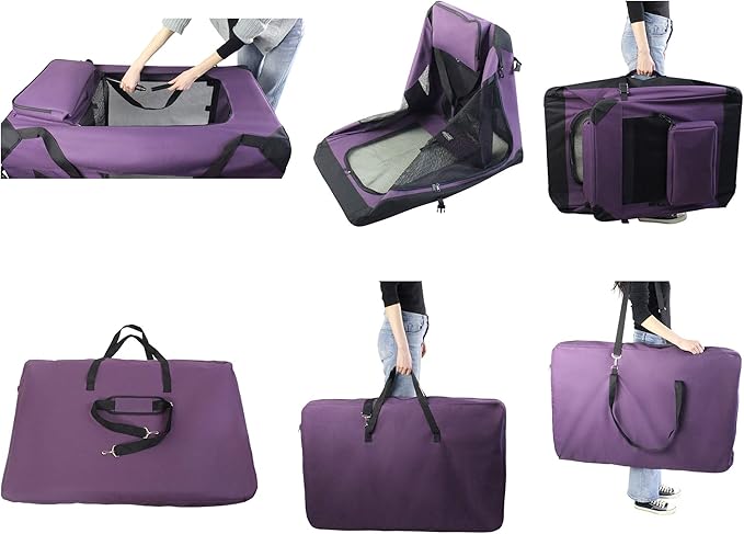 EliteField 3-Door Folding Soft Dog Crate with Carrying Bag and Fleece Bed (2 Year Warranty), Indoor & Outdoor Pet Home (24" L x 18" W x 21" H, Purple)