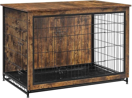 Feandrea 44.1" Dog Crate Furniture, Indoor Dog Cage Side End Table, XL Pet Wood Kennel for Large and Medium Dogs up to 80 lb with Multi-Purpose Removable Tray, Double-Door Pet House, Rustic Brown