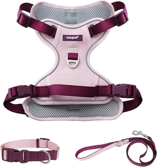 3 in 1 No Pull Dog Harness Leash and Collar Set, Soft Adjustable Dogs Vest Reflective and Comfortable Handle Pink Large