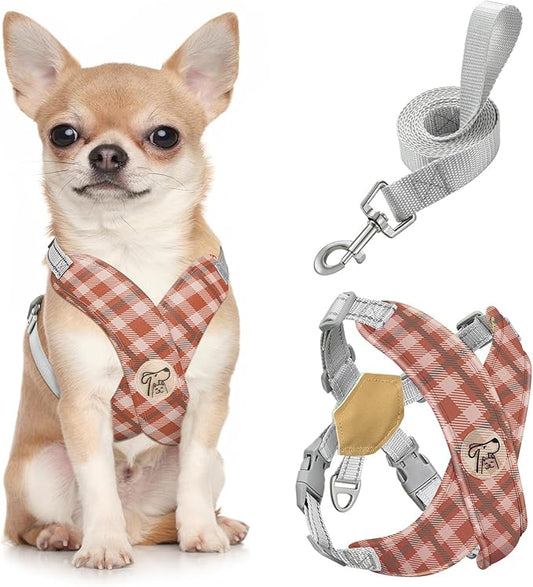 Pawaboo Small Dog Harness and Leash Set, Puppy Harness X-Frame No Pull No Choke, Dog Vest Harness Adjustable for Small Medium Sized Dogs,Soft Breathable Pet Harness for Walking Outing, S, Khaki Plaid