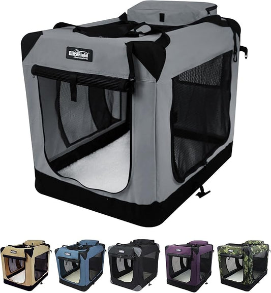 EliteField 3-Door Folding Soft Dog Crate with Carrying Bag and Fleece Bed (2 Year Warranty), Indoor & Outdoor Pet Home (42" L x 28" W x 32" H, Light Gray)