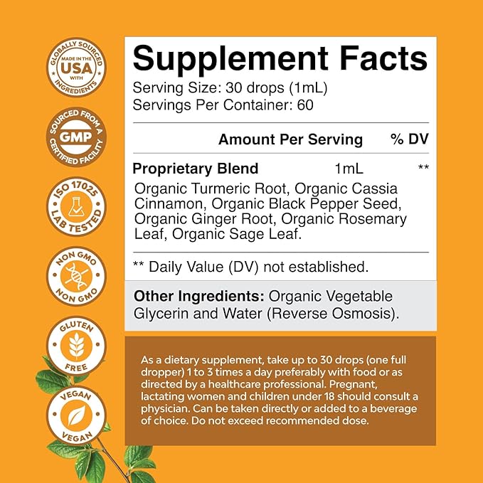 Organic Turmeric Liquid Drops for Adults - Turmeric Curcumin with Black Pepper, Cinnamon & Ginger Extract Liquid for Joint Pain, Mobility & Inflamation - Curcumin Drops for Immune Support - 60ml (2oz)