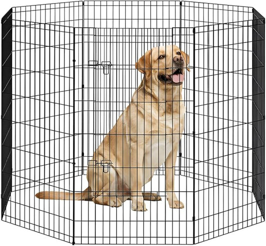 FDW 48 Inch Dog Pen 8 Panel Dog Playpen Indoor Outdoor Metal Puppy Pet Fence Portable Folding Animal Exercise Fence,Black