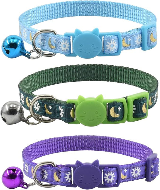 3 PCS Breakaway Cat Collar with Bell, Moon Cat Collar Adjustable Cute Kitten Collars Soft for Cat Puppy 7-10.2in (Blue Green Purple)