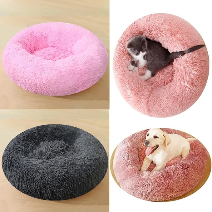 Large Calming Dog Bed, 40 Inch Anti-Anxiety Donut Dog Cuddler Cat Bed, Warming Cozy Soft Dogs Round Bed, Fluffy Faux Fur Machine Washable Pet Cushion for Medium Large Dogs & Cats (Dark Blue)