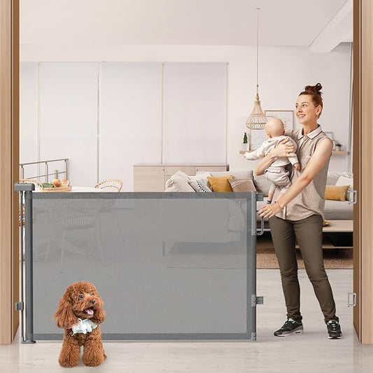 76" Retractable Baby Gates Extra Wide, Mesh Long Dog Gate for Wide Openings, Indoor Outdoor Stair Gate for Doorways Hallways Deck Porch, Child Pet Safety Essentials for Home, Grey