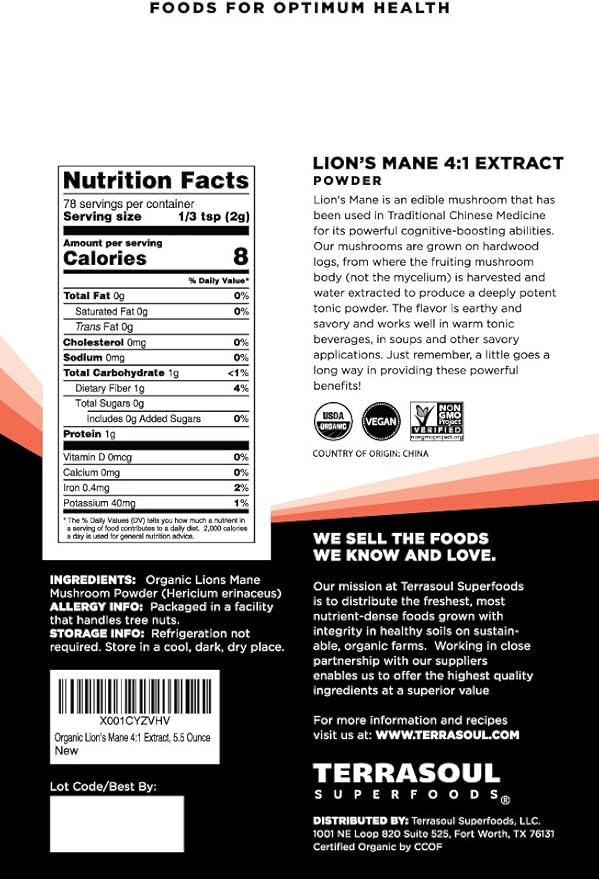 Terrasoul Superfoods Organic Lion's Mane Mushroom Powder (4:1 Extract), 11 Ounces