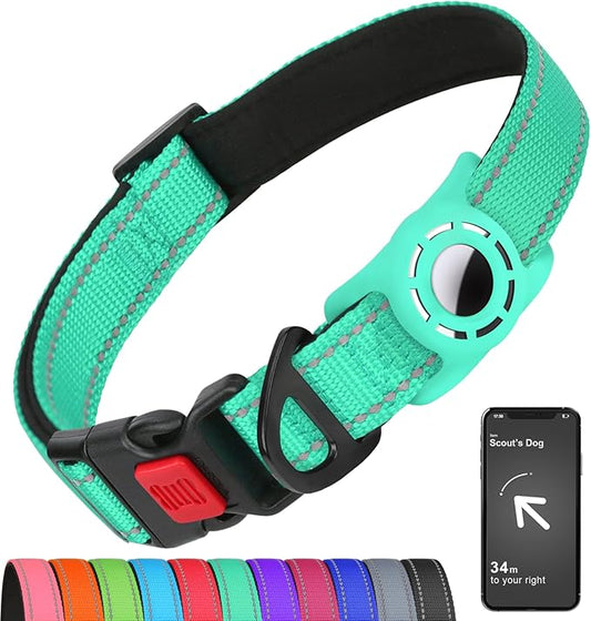 Airtag Dog Collar with AirTag Holder for Medium Dogs, Reflective, Soft Padded & Safety Locking Buckle, Nylon Pet Collars Adjustable for All Breeds, Teal,M