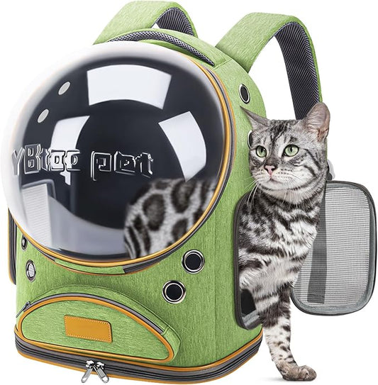 Cat Backpack Carrier, Breathable Cat Bubble Backpack Upgrade Large Space Cat Carrier for Kitty Small Dog, Foldable Airline Approved Cats Backpack, Enlarge Transparent PetTravel Backpack (Green)