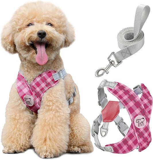 Pawaboo Small Dog Harness and Leash Set, Puppy Harness X-Frame No Pull No Choke, Dog Vest Harness Adjustable for Small Medium Sized Dogs,Soft Breathable Pet Harness for Walking Outing, M, Pink Plaid