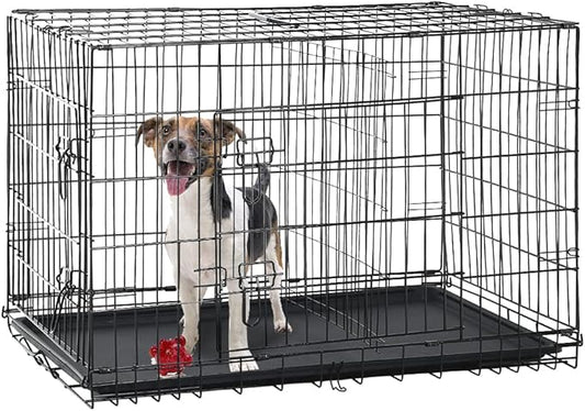 Dog Crate for Large Medium Small Dogs, Folding Dog Kennel Cage with Plastic Tray & Divider 48"/42"/ 36"/ 30"/ 24" Indoor Outdoor Metal Double Door Heavy Duty Dog Pen Enclosure, Black(30 Inch)