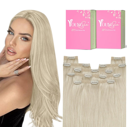 Youngsee 150G Clip In Human Hair Extension Blonde Clip On Hair Extensions Platinum Blonde Human Hair Extensions Clip Ins Blonde