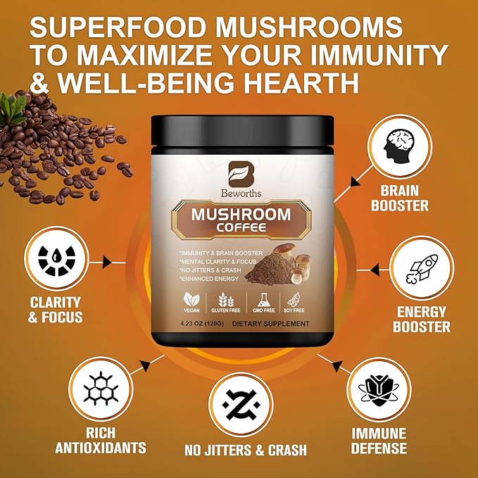 Mushroom Coffee - Lions Mane Mushroom Powder Instant Coffee with Lion's Mane, Reishi, Chaga, Cordyceps, and Turkey Tail - Mushroom Coffee Alternative for Energy, Mental Clarity & Focus, Brain Booster