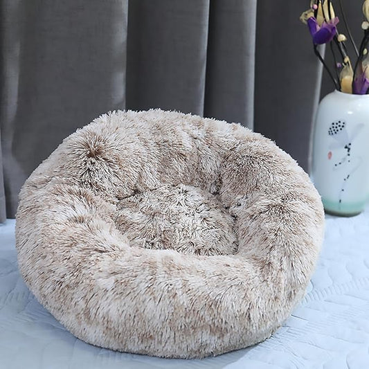 Calming Dog Bed for Small Dogs, Calming Donut Cuddler Pet Bed Anti Anxiety Round Dog Bed Fluffy Plush Faux Fur Cat Bed,Khaki,27.5IN