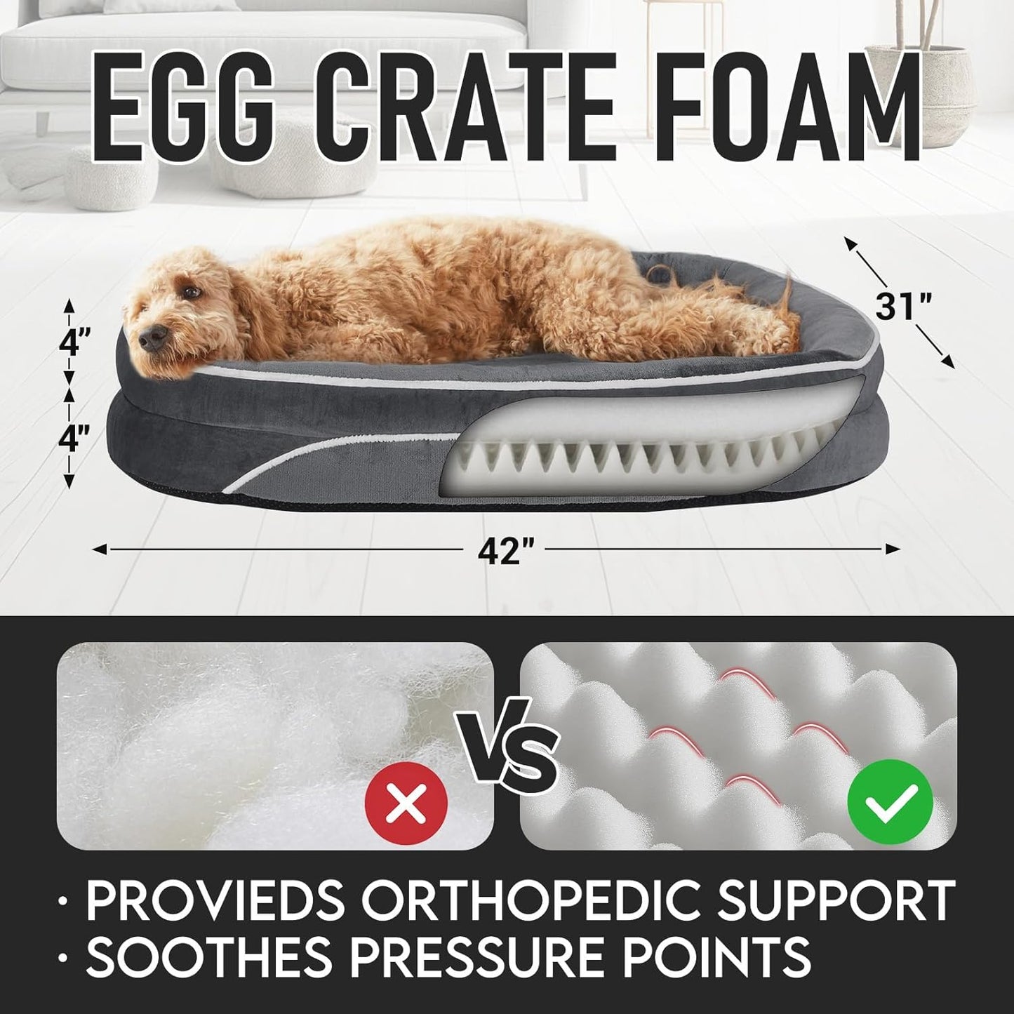 OhGeni Orthopedic Big Dog Couch Pet Sofa XL Sized Cat Beds with Comfort Foam Support, Soft Comfortable Fabric, Machine Washable Waterproof Removable Cover, 42-Inch (Gray)