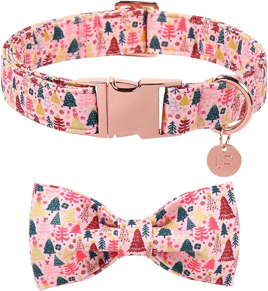 Christmas Dog Collar with Bow Tie, Pink Christmas Tree Collars for Dogs, Adjustable Pet Collar with Cute Xmas Tree Pendant, Winter Dog Accessories for Small Medium Large Dogs XS