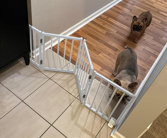 BFNN Free Standing Dog Gate, 16.5" High Short Pet Gate for Stairs and Doorways, Up to 48" Wide Foldable Puppy Fence, Indoor & Outdoor Use, No Drilling and No Assembly, for Small & Toy Dogs, White