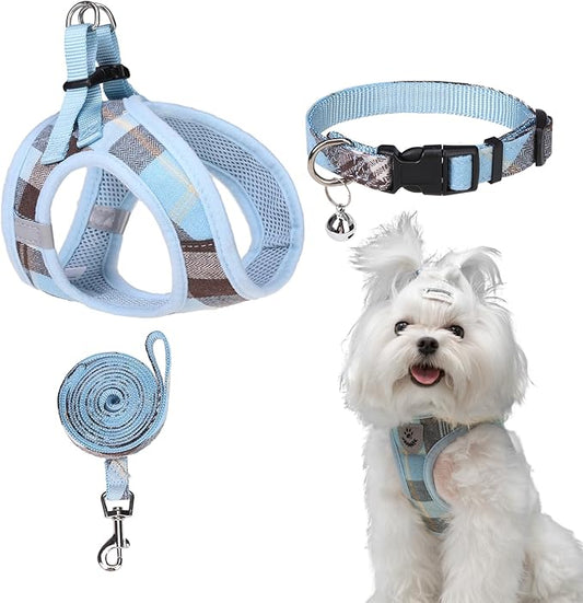 EXPAWLORER Classic Plaid Puppy Harness - Small Dog Collar and Leash with AirTag Holder Case - Soft Mesh Padded Adjustable Dog Vest Harness No Pull, Reflective Escape Proof for Outdoor, Blue S