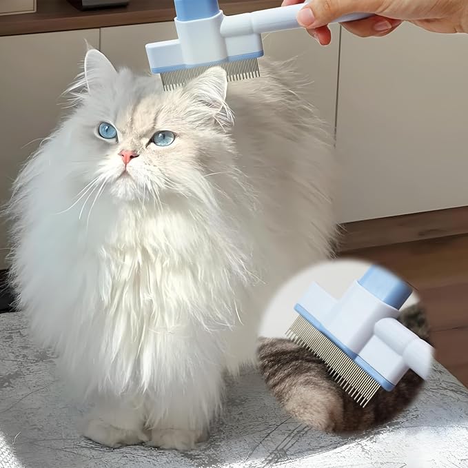 Cat Comb Pet Comb Self Cleaning Upgraded Cat Brush for Long Haired Cats & Dogs, Blue