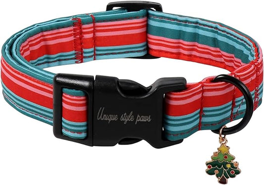 Christmas Dog Collar, Unique Style Paws Red Green Strips Dog Collar for Christmas Comfortable Red Pet Collar with Lightweight Plastic Buckle for Holiday, Fancy Dog Gift