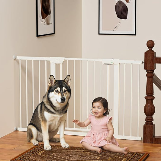 29.5-54.2" Magnetic Baby Gate for Stairs, Baby Safety Essentials, Auto Close Gate for Doorways, Easy Install Pressure Mounted Dog Gate Indoor, Pet Gates for Dogs, White