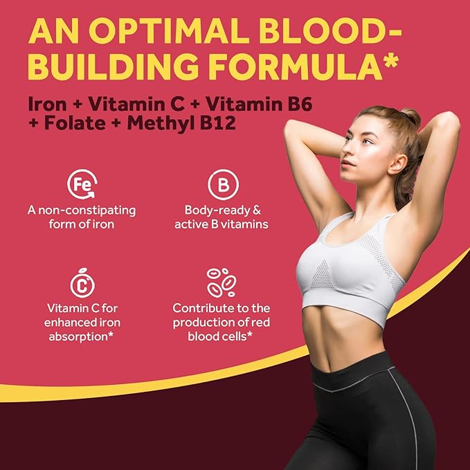 Doctor's Recipes Iron Supplement for Women Men - Gentle Iron Bisglycinate with Vitamin C, B6, Folate & B12 - Non-Constipating & Stomach Friendly Iron Pills for Blood & Energy Support, 30 Vegan Caps