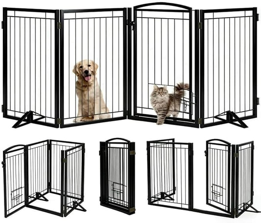Full Metal Freestanding Dog Gate with Cat Door for Indoor & Outdoor,32" Tall Foldable Dog Fence,80" Extra Wide Freestanding Pet Gate for Large Openings,Stairs,Deck,Yard,Doorways(4 Panels,Black)