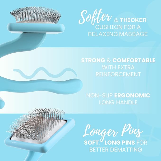 Pet Slicker Brush With Soft Massage Grooming Stainless Steel Pins - For Dematting, Shedding Fur, and Undercoat - Ideal Gift for Professional Pet Groomers - Long Slicker Brush