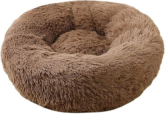 Calming Faux Fur Dog Beds Calming Donut Cuddler Dog Bed Washable Round Cat Bed Pillow Cuddler Fluffy Indoor Dog Calming Beds with Anti Slip Bottom Solid Color Light Coffee 47 Inch