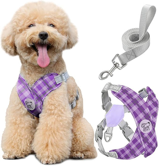 Pawaboo Small Dog Harness and Leash Set, Puppy Harness X-Frame No Pull No Choke, Dog Vest Harness Adjustable for Small Medium Sized Dogs,Soft Breathable Pet Harness for Walking Outing, M, Purple Plaid