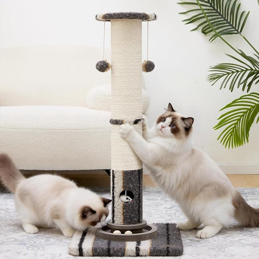 34inches Cat Scratching Post Sisal Cat Scratcher with Cat Ball Track Toy Heavy Duty and Thicker Large Diameter Natural for Adult Cats and Kitty Protect Your Furniture（Grey）