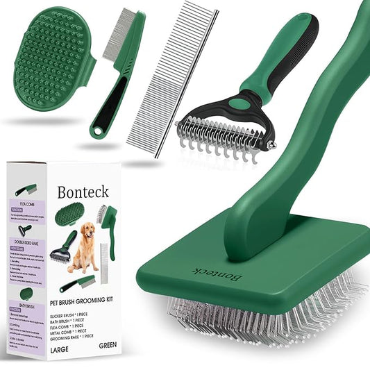 Dog Slicker Brush for Dogs Grooming Kit 4PCS | Large Dog Brush for Goldendoodles Poodles Doodles | Long Pin Haired Brush | Poodle Brushes and Comb (Green)