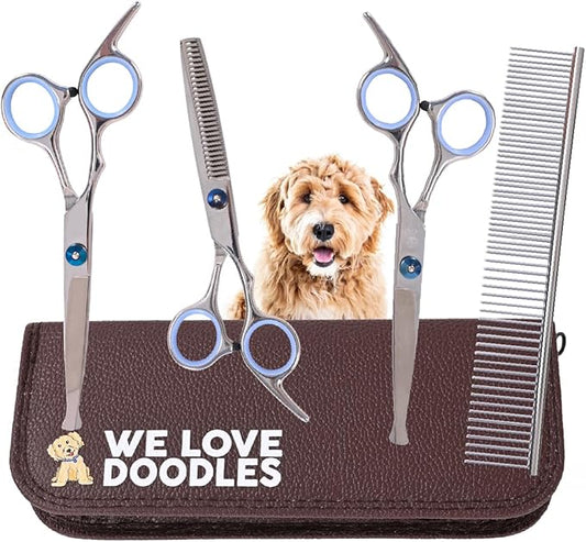Dog Grooming Scissors Kit with Rounded Blunt Tips, Straight, Curved & Thinning Shears, Tools for Goldendoodles, Poodles & Doodles, Professional Grade Stainless Steel, 4 Pc Set [We Love Doodles]