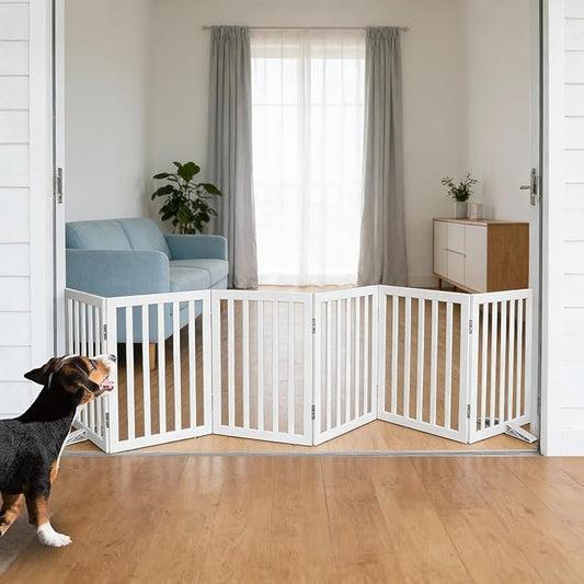 Foldable Indoor Dog Gate for The House Freestanding Stairs Nature Wooden White Pet Gate for Doorway Puppy Gate for Dogs Expandable Dog Fence for Stairs or Hallways 24"" Height 6 Panels