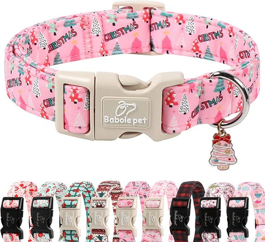 Christmas Dog Collar for Small Dogs - Cute Xmas Tree Print Pink Christmas Collars for Dogs, Soft Adjustable Winter Holiday Dog Collars with Quick Release Buckle S