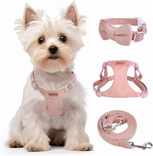 Dog Harness and Leash Set, XXS No Pull Adjustable Puppy Harness with Multifunction Pink Dog Leash and Dog Collar, Soft No Choke Escape Proof Pet Harness Vest for Small Dogs and Cats (Pink, XXS)