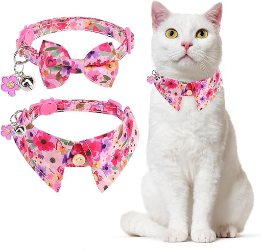 Cat Collar Breakaway with Bells, Pink Cat Bowtie Collar for Girl Cats, Small Cat Collar with Bow for Spring Summer, 2 Pack Soft Cute Floral Kitten Collar with Removable Shirt Collar 8-12Inch