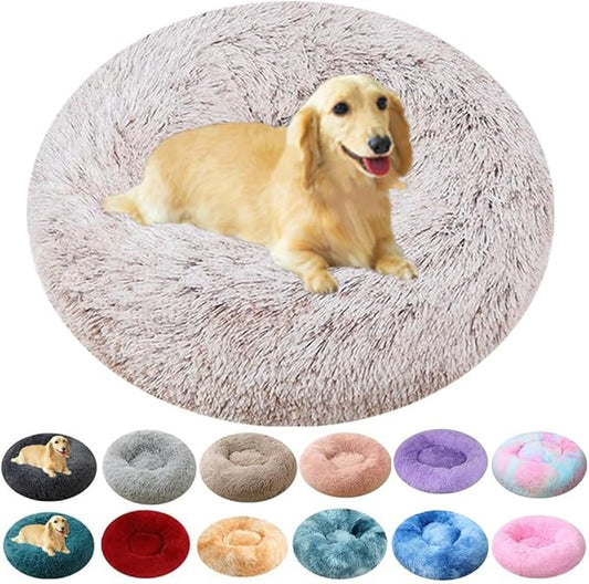 Calming Dog & Cat Bed, 24 Inch Anti-Anxiety Donut Cuddler Cat Bed with Anti-Slip Bottom, Washable Round Fluffy Pet Bed for Small Medium Dogs and Cats (Coffee White)