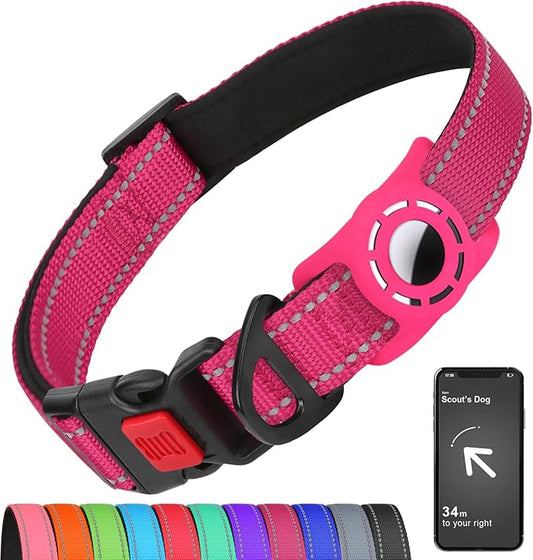Airtag Dog Collar with AirTag Holder for Large Dogs, Reflective, Soft Padded & Safety Locking Buckle, Nylon Pet Collars Adjustable for All Breeds, Hotpink,XL