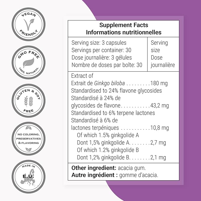 Supersmart - Ginkgo Biloba 180 mg Per Serving - Extract Standardized to 24% Ginkgo Flavonglycosides - May Improve Peak Performance & Healthy Blood Flow | Non-GMO & Gluten Free - 90 Vegetarian Capsules