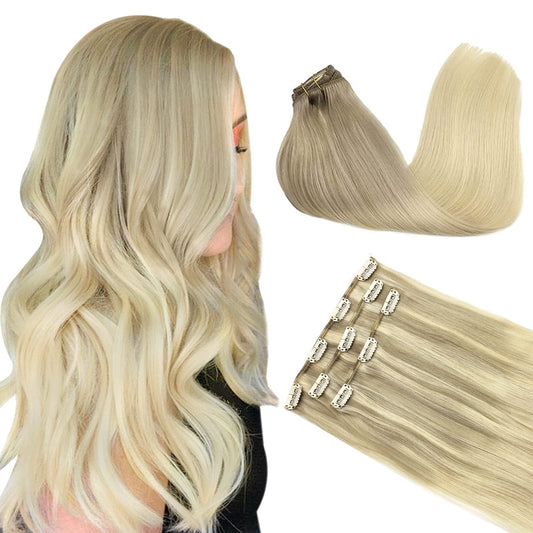Doores Hair Extensions Clip In Human Hair, 3Pcs 60G 14 Inch Balayage Ash Blonde To Golden Blonde And Platinum Blonde Remy Clip I
