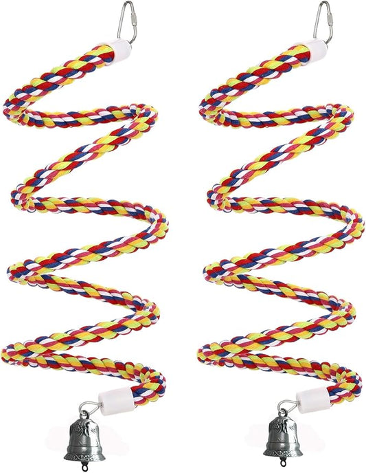 2Pcs 43'' Bird Rope Perches Birdcage Swing Toys 100% Cotton Natural Bird Perch Peck/Chewing with Vintage Bell Climbing Standing Bungee Parrot Toys for Small to Regular Size Parrot Cockatiel Birds
