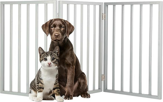 Pet Gate - 3-Panel Indoor Foldable Dog Fence for Stairs, Hallways, or Doorways - 54x24-Inch Retractable Wood Freestanding Dog Gates by PETMAKER (Gray)